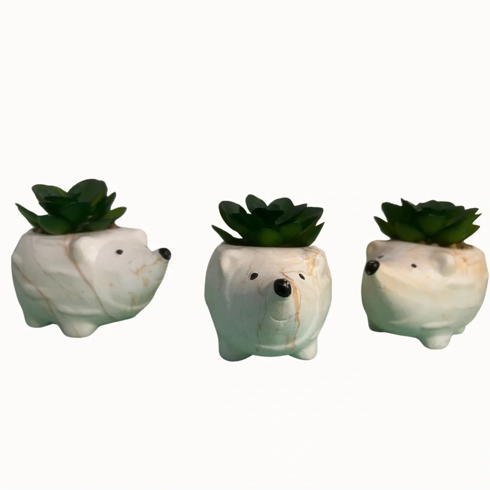 Set of Three Clay Hedgehogs with Faux Succulent